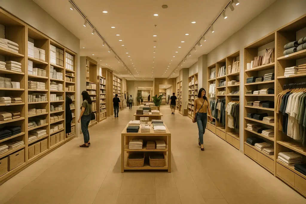 Modern retail store layouts in Kuala Lumpur with clear pathways and product displays that guide shopper flow.