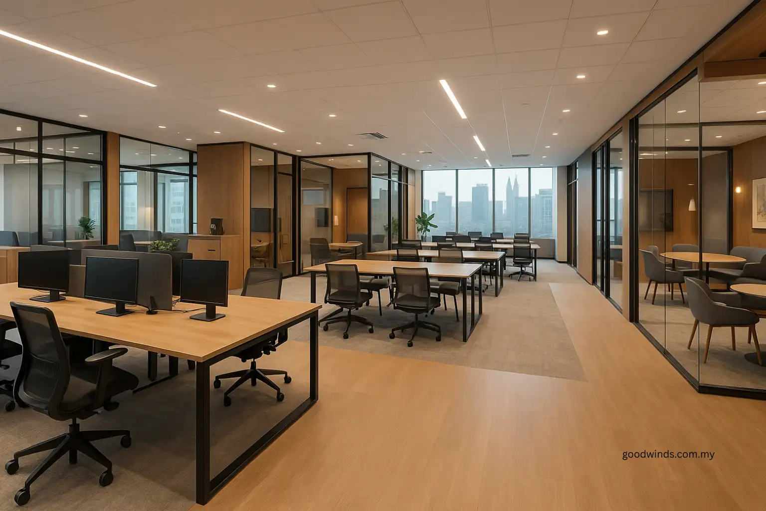 Modern hybrid office layout in Kuala Lumpur with fixed desks, hot desks and collaboration areas, no people.