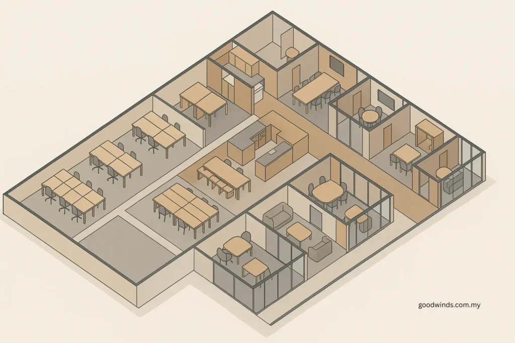 Isometric hybrid office layout diagram with fixed desk zone, hot desk cluster and collaboration spaces.
