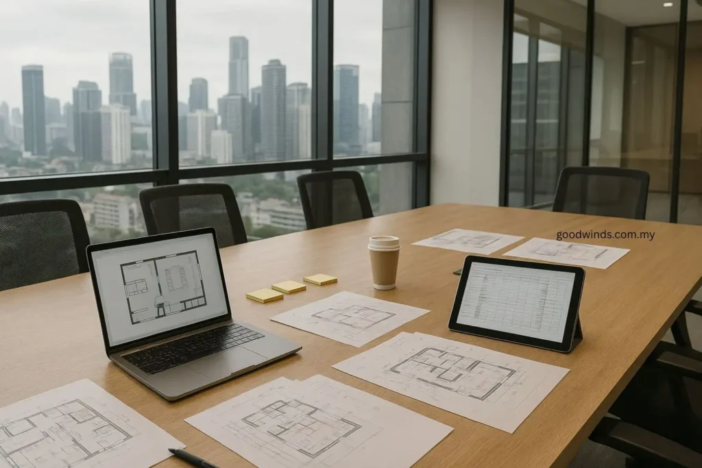Office fit out planning table with floor plans and budget in Kuala Lumpur Meeting table in Kuala Lumpur set with office fit out KL floor plans, laptop layout and budget documents, no people.