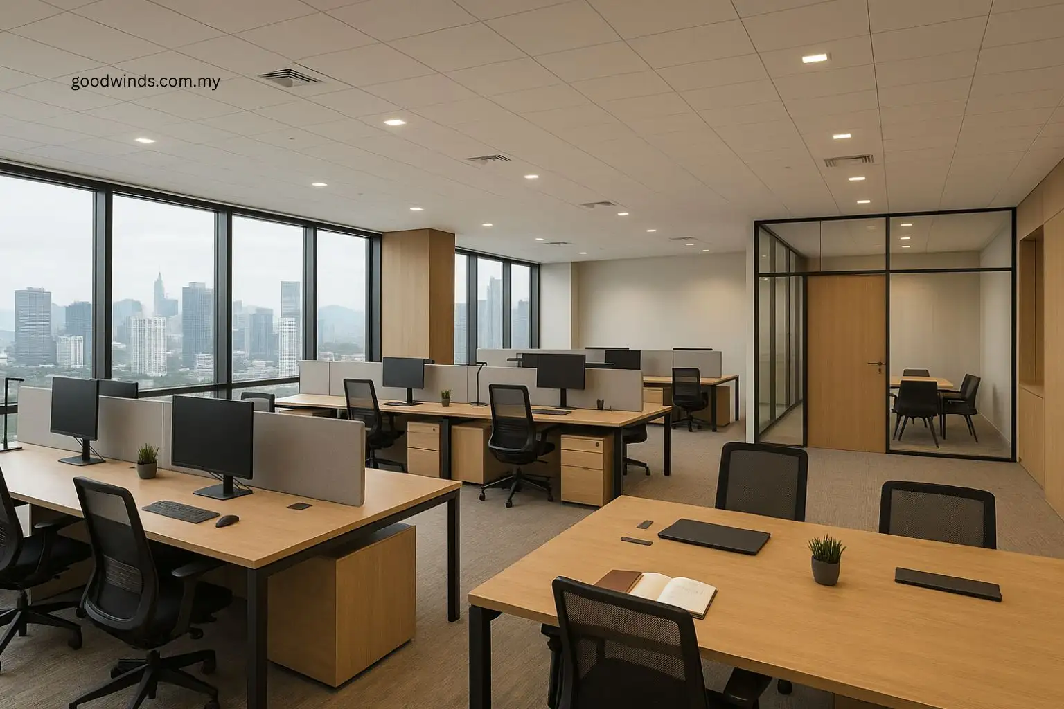 Modern open plan office fit out KL interior with glass meeting room and ergonomic workstations, no people.